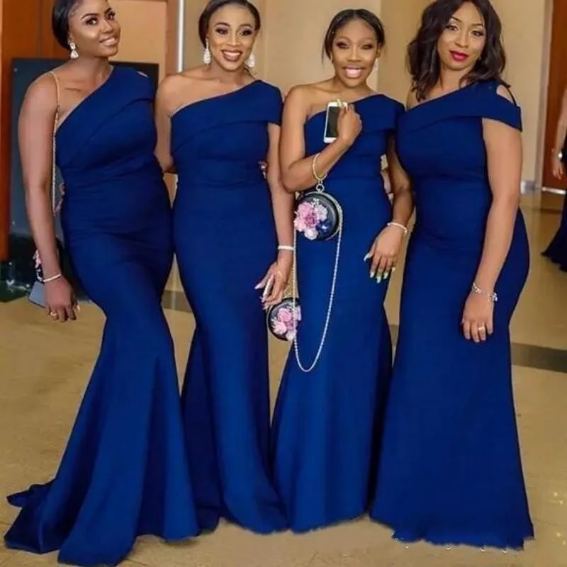 

Africa Navy Blue Mermaid Bridesmaids Dresses One Shoulder Sleeves Maid of honor Wedding Guest Party Gowns Long Plus Size