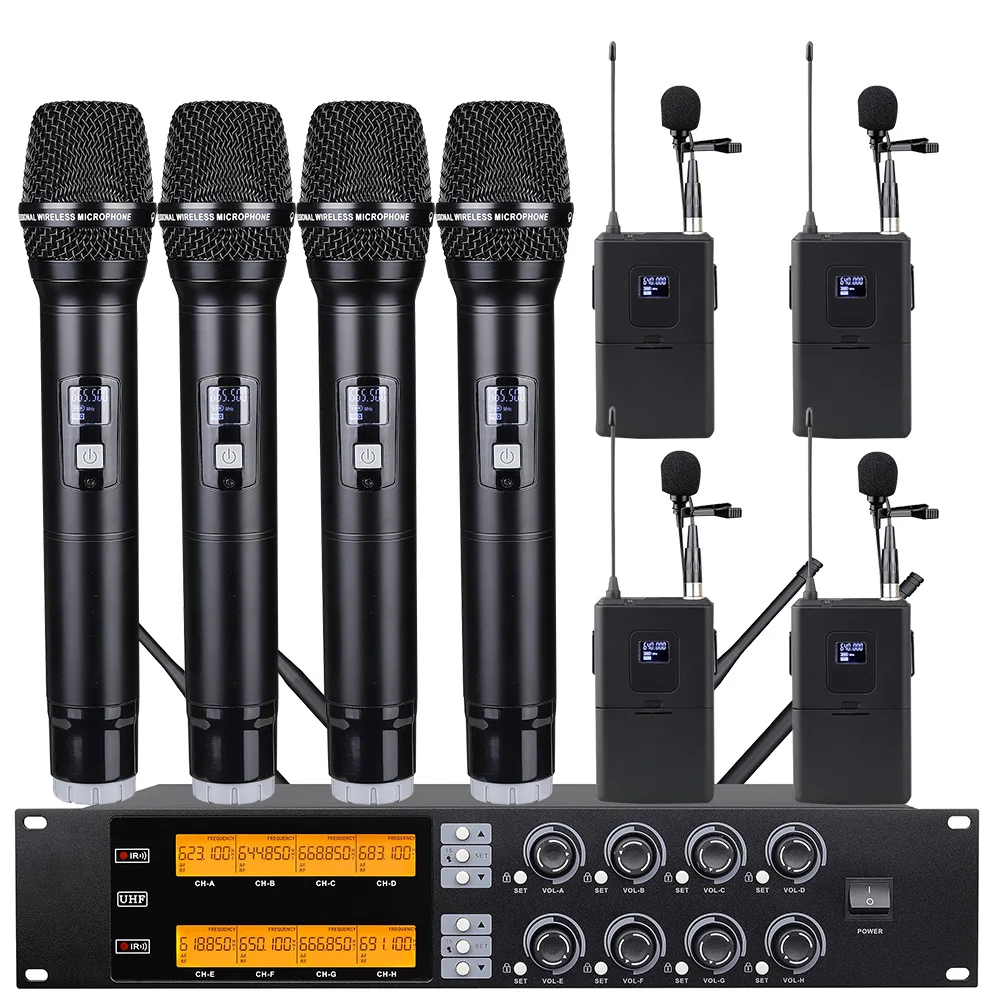 UHF 무선 마이크, 야외 활동 무대 공연용 핸드헬드 마이크, 8 채널 올메탈