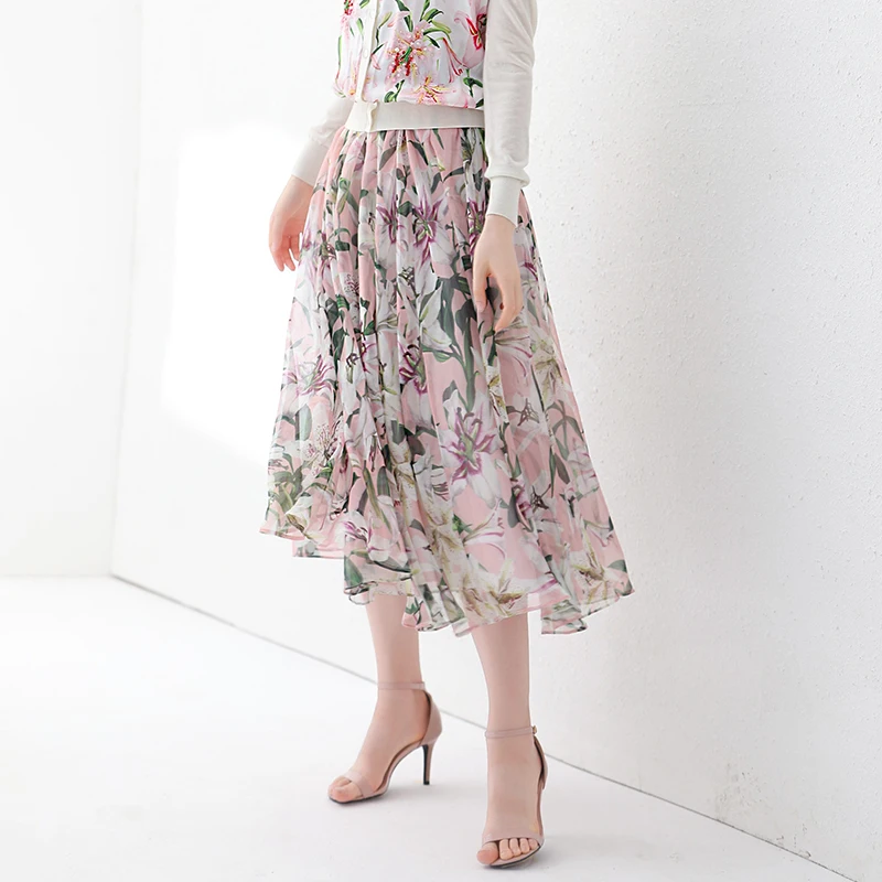 

moonaaliisaa 2019 summer new lily print high waist wild fairy skirt fashion chiffon elegant midi skirt