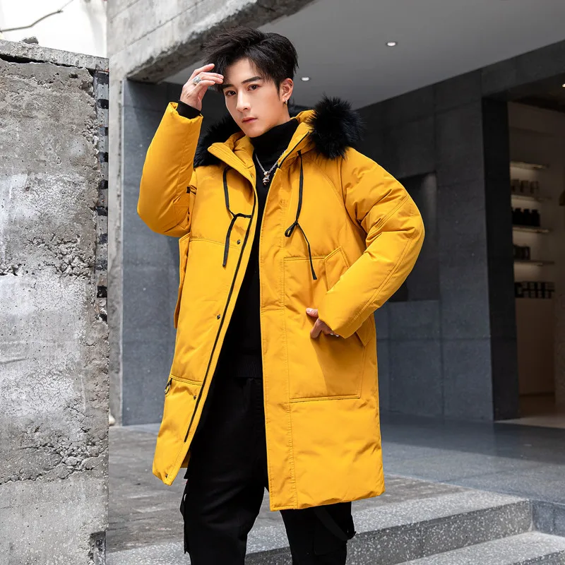 Winter Thick Warm Coat Casual Fur Collar Hooded Trench Coat High-End Mid-length down Jacket Men'S Wear