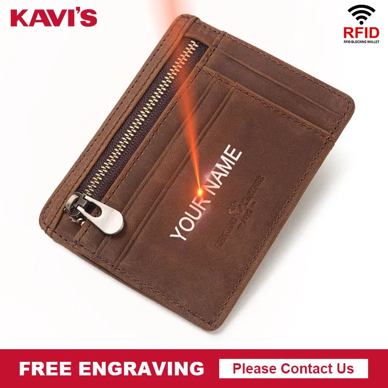 

KAVIS Name Free Engraving Genuine Leather Mini Card Holder Multifunctional Men ID Card Wallet Case Coin Purse Thin Diy Gift