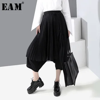 

[EAM] High Elastic Waist Black Asymmetrical Pleated Wide Leg Trousers New Loose Fit Pants Women Fashion Spring Autumn 2020 1R298