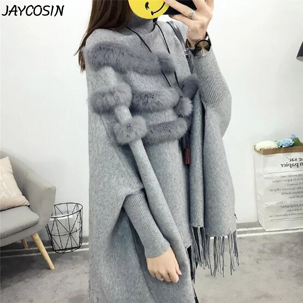 JAYCOSIN, женские свитера, одноцветная водолазка, длинный рукав, кисточка, Вязаный плащ, шаль, свитер, повседневный зимний свитер, пуловер, топы