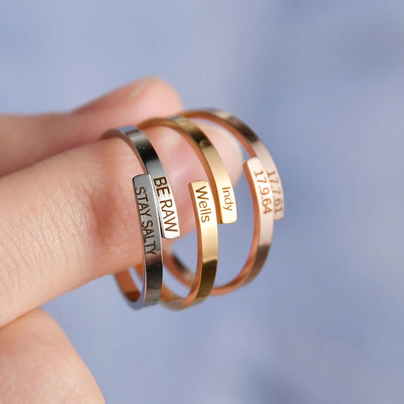 2mm de acero inoxidable ajustable anillo de la joyería para hombres y mujeres grabado Nombre Fecha personalizada anillos Drop Shipping