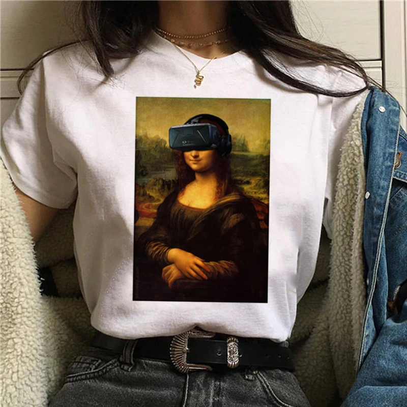 Mona Lisa Эстетическая Harajuku футболка женская Ullzang винтажная графическая футболка Забавный мультфильм 90s футболка корейский стиль Топ Тройники женские