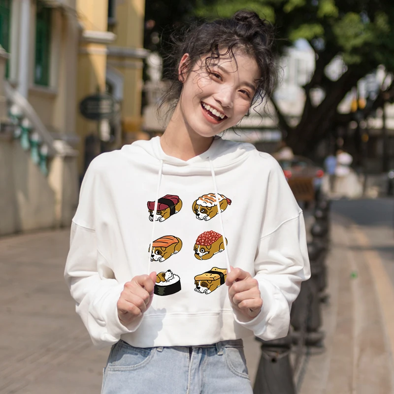 902-sushi-3 Новинка зимы, одежда с принтом суши и животных, укороченный топ с принтом, Kawaii, с кошачьими ушками, с капюшоном, для женщин, уличная одежда, толстовки для девочек, Mujer, худи - Цвет: 902-sushi-3