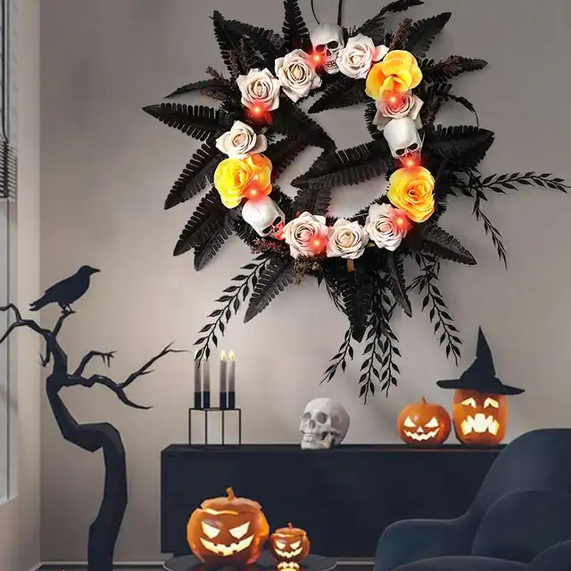 54 Cm -Es Boldog Halloween Koszorú Led Lámpával A Koponya Virág Medál Dekoráció Otthoni Buliellátáshoz - Image 2