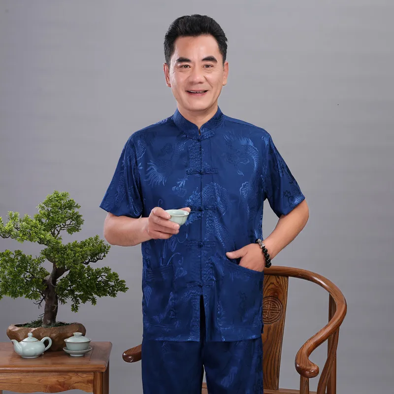 Navyblue Dragon Китайский мужской костюм кунг-фу атласная форма для ушу с короткими рукавами длинные штаны Тай Чи набор плюс размер M L XL XXL 3XL 4XL