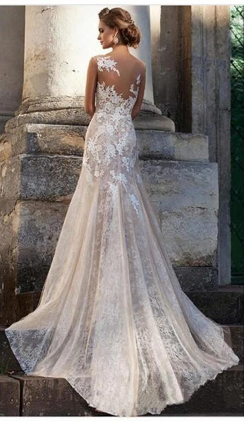 2021 Full Lace Gowns Blush Pink Mermaid Wedding Dresses Retro Illusion Neck Long Summer Beach Bridal