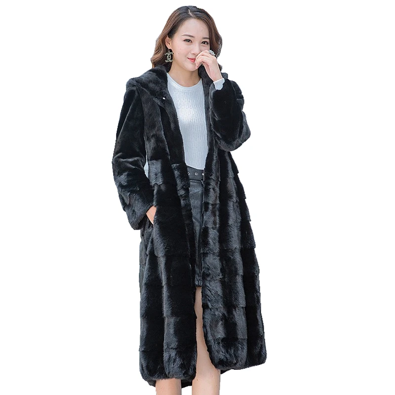 100 см шуба из натуральной норки куртка с капюшоном зимняя женская меховая длинная верхняя одежда пальто размера плюс 4XL LF9120