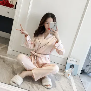 

Spring/Autumn Female Sexy Silk Pajamas Long Sleeve Trousers Robe Two-Piece Suit Homewear High-Grade Satin Sleepwear Халат