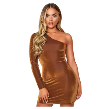 

Women Fashion Sexy Long Sleeve Single Shoulder Solid Fitted Waist Mini Dress Ladies Sexy One Shoulder Long Sleeve Slim dres