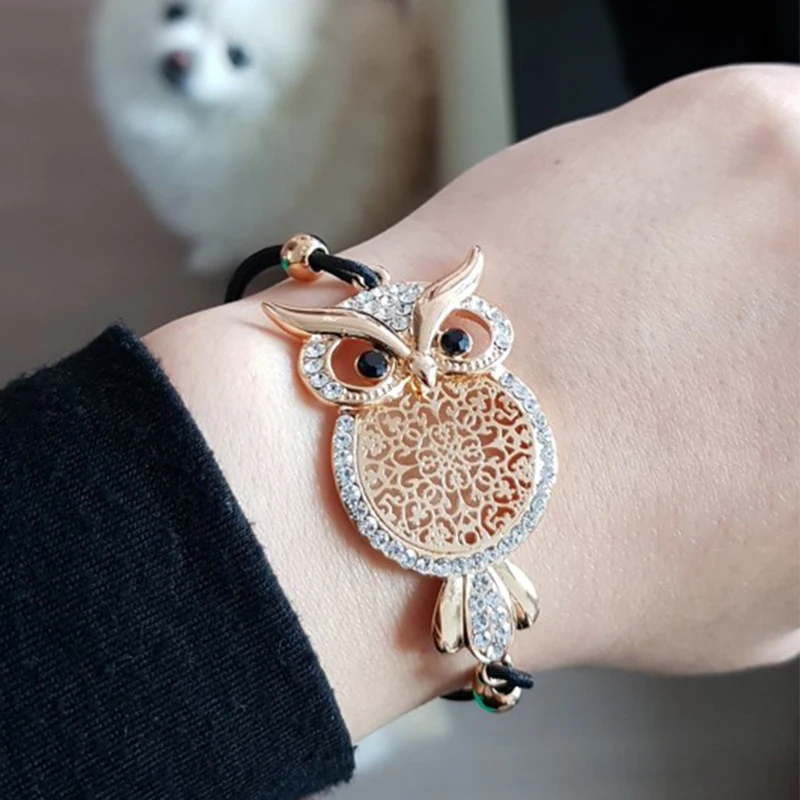 Trendy Gold Owl Charmสร้อยข้อมือผู้หญิงเครื่องประดับสีดำยืดหยุ่นเชือก