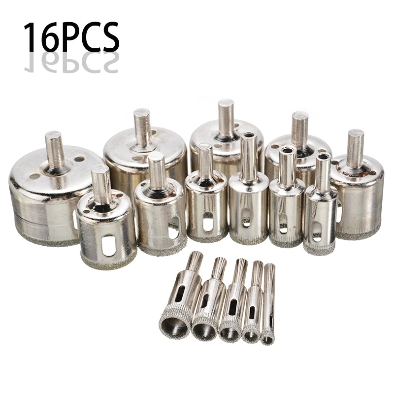 16Pcs Diamond Glass Drill Bit 6-50mm Diamond Cutter Hole Saw Drill Bit Tool Grinding Polishing For Tile Ceramic Glass