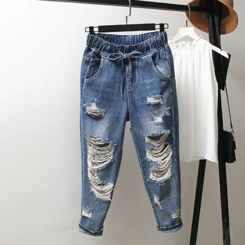 

2020 woman denim jeans high waist Boyfriend hole Ripped Jeans Lace up women Fashion Plus Size Loose harem pants jeans destroyed