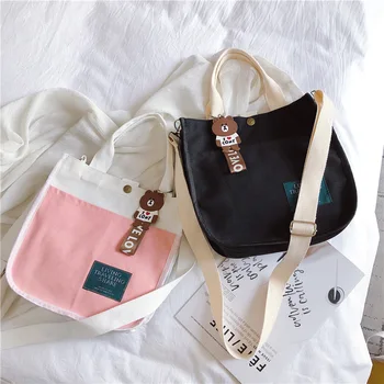 

Bear pendant decoration new shoulder bag fresh literary female shoulder bag canvas four-color fashion handbag