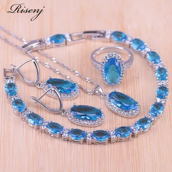 

Risenj Long Oval Square Silver Color Jewelry Set For Women Earrings Ring Necklace With Bracelet Set Fashion Jewelry