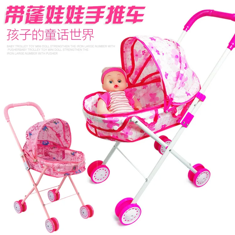 Baby Doll Trolley Toy Stroller Dolls Pram Kids Toy Pushchair Girls Play Toy Pink 