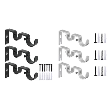 

6Pcs Curtain Rod Brackets Double Rod Holders Durable Metal Curtain Rod Wall Brackets with Screw Black & Silver