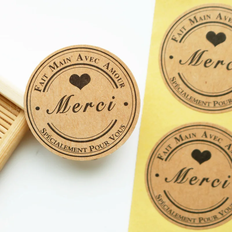 

102PCS Kraft Merci Sticker French Thank You Sticker Baking Packaging Biscuit Bag Decoration Sealing Sticker