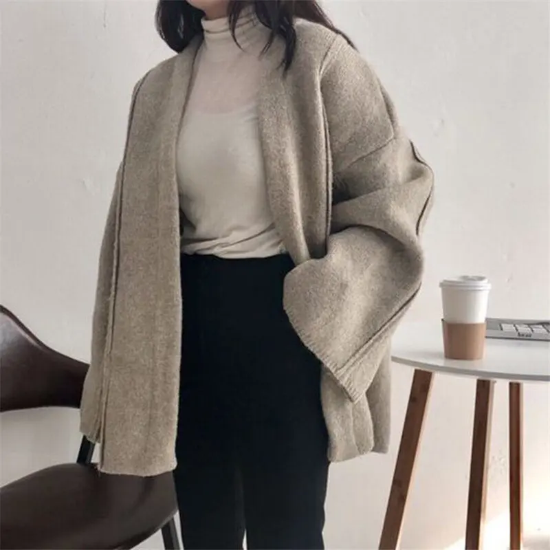 HziriP Lazy Style Soft Simple New V-Neck Cardigans Chic Spring Autumn Solid Fresh Casual Loose Knitted Long Sweaters 2 Types - Цвет: KHAKI