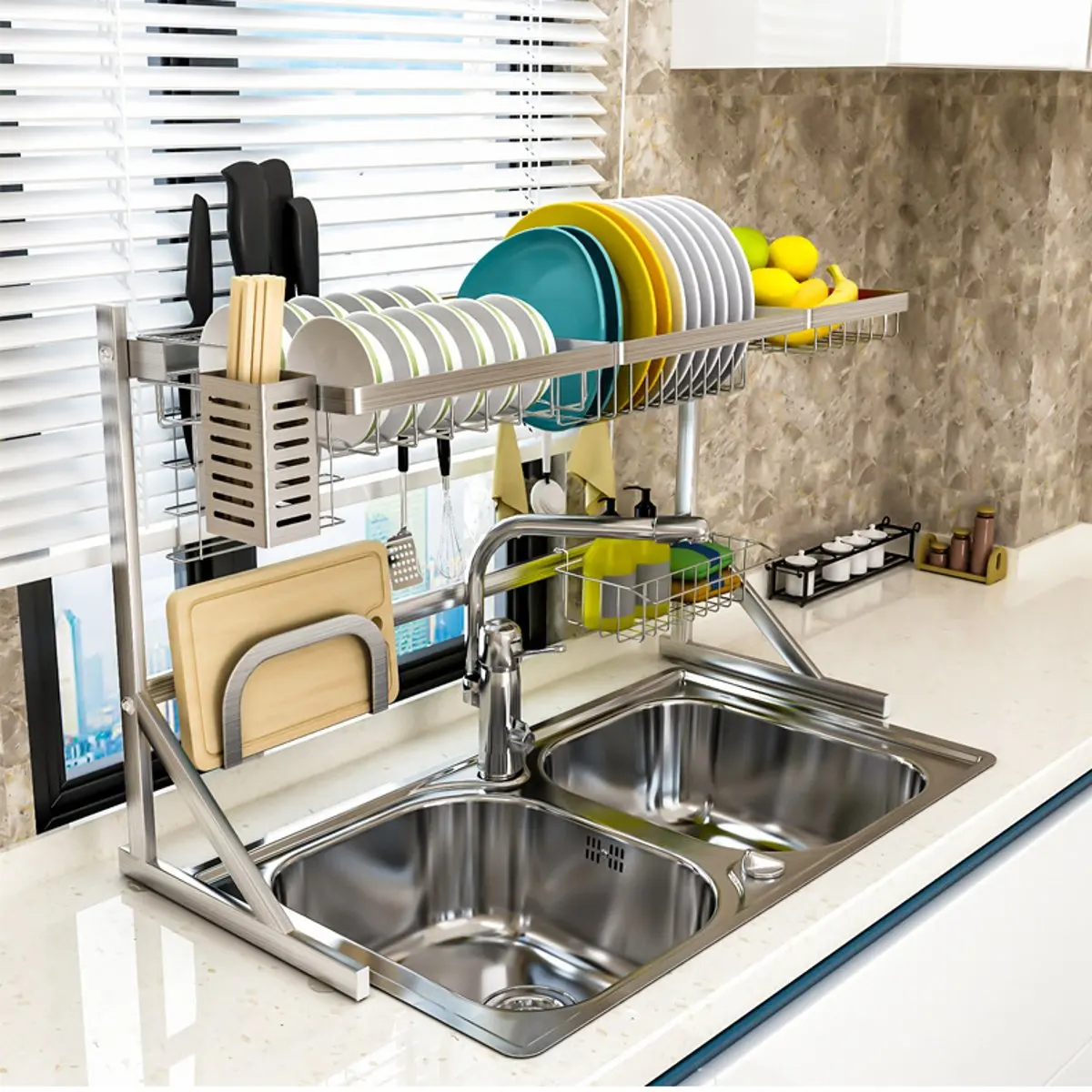 2 Layers Multi Use Dishes Rack Stainless Steel Single Dual Sink