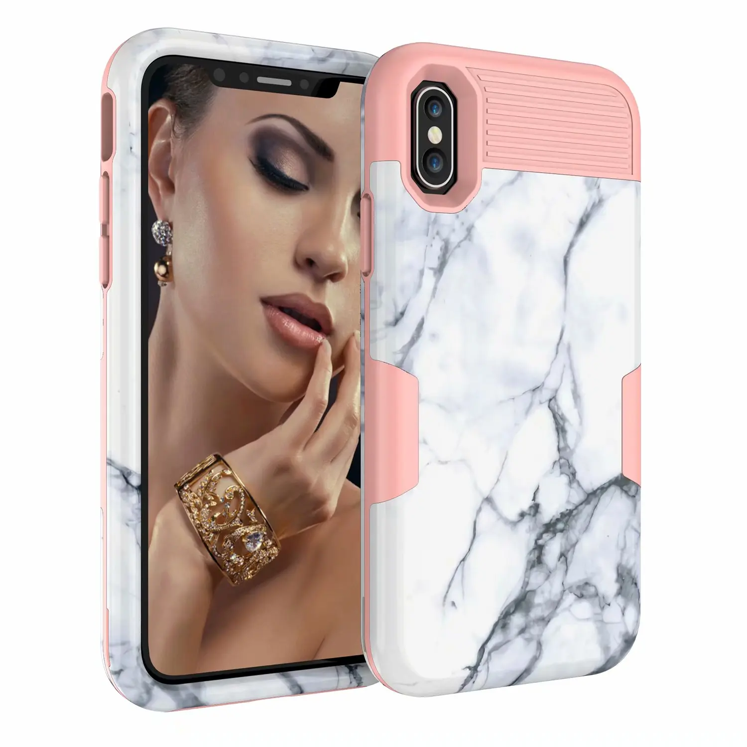 Чехол с мраморным рисунком для Apple iPhone XS Max XR X 8 7 6S 6 Plus пластик+ силикон противоударный милый тройной защитный чехол - Цвет: Розовый