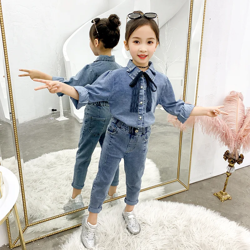 

Girls Denim Suit Spring Autumn Children Clothing Set for Girl Long-sleeved Outfits Lapel Shirt+Pants 2pcs Kids Clothes Tracksuit