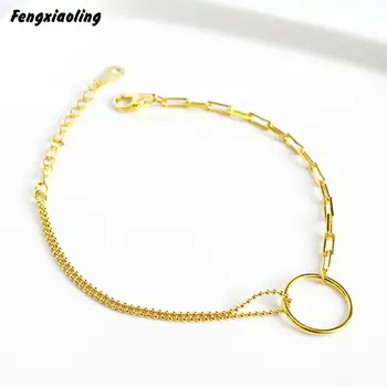 

Fengxiaoling New Real 925 Sterling Silver Golden Round Charm Bracelets For Women Simple Beads Bracelet Fashion Party Jewelry