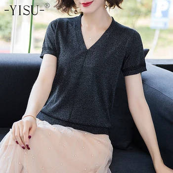 

YISU 2020 Summer T Shirt Women Knitted Short Sleeves Ice silk Tee Shirt Icy Comfortable V Neck Female Top pullover Women Tshirt