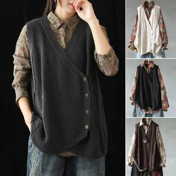 

Women Sweater Vest Sleeveless Loose Button Down V Neck Solid Color Knit Vest NFE99