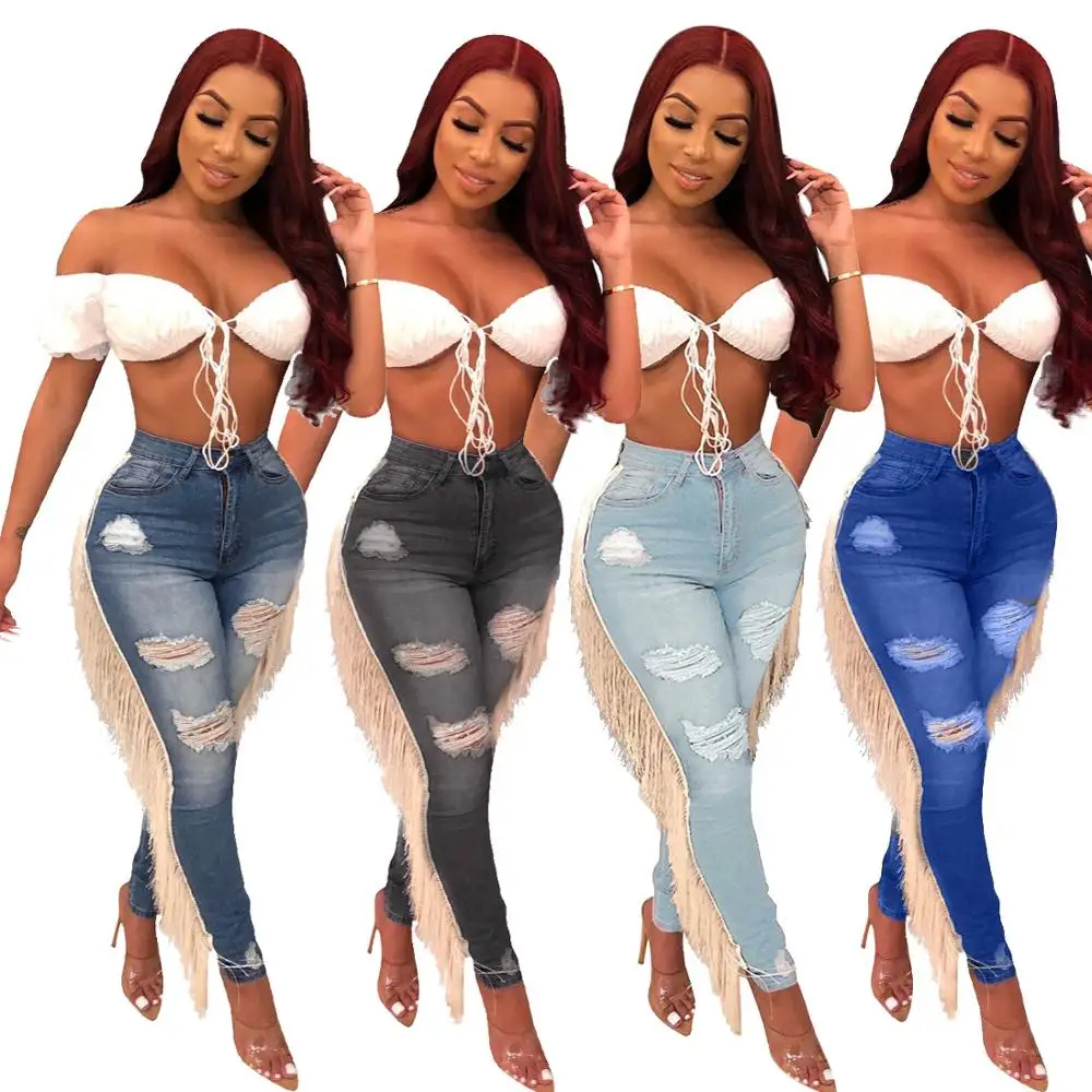 

Echoine Plus Size Slim Bodycon Ripped Jeans Light Blue Denim Pants Fringe Tassel Women Trousers Pencil Pants Streetwear