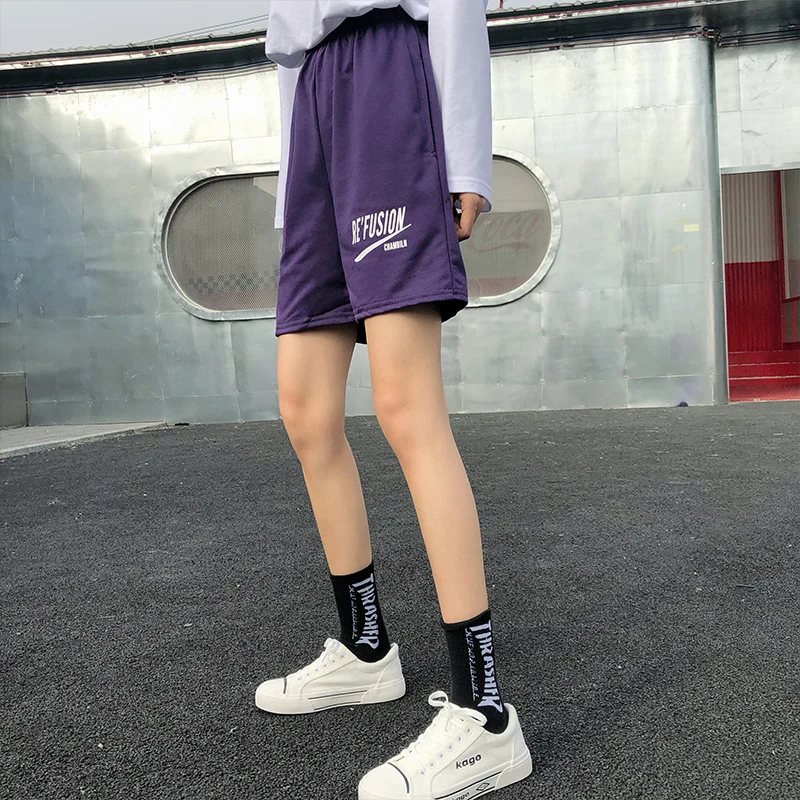 Фиолетовый Корейский принт буквы harajuku женский сплошной альбом обычный Ulzzang сплошной Прямая поставка прямые свободные панк ноги винтажные повседневные шорты - Цвет: Фиолетовый