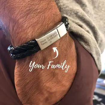 Personalized Men Braided Woven Genuine Leather Bracelet Stainless Steel Custom Engraved Name Date Charm Bracelet Birthday Gift