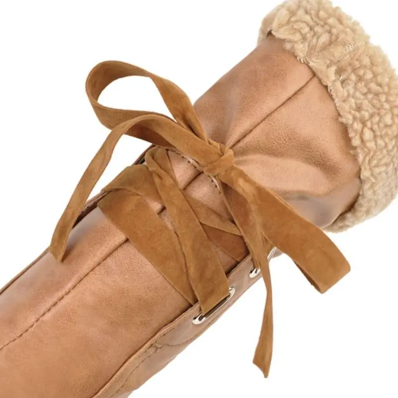 Haoshen& Girl/ботинки до середины икры из PU искусственной кожи с меховой подкладкой зимняя обувь женская повседневная обувь на плоской подошве зимние ботинки обувь на шнуровке Размер 10,5, 34-43