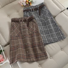 Зимние шерстяные юбки, женские клетчатые юбки, женские осенне-зимние юбки средней длины с пуговицами, женские офисные юбки, теплые, размера плюс