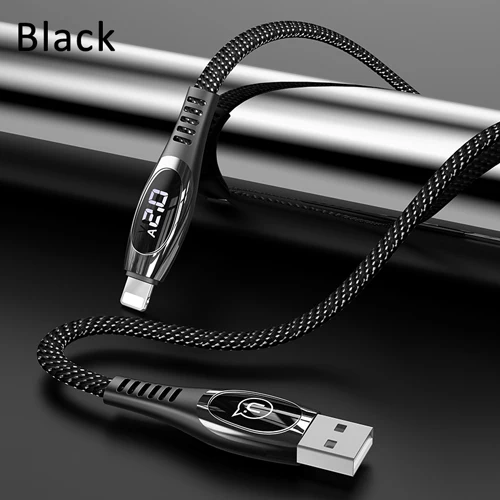 USAMS USB кабель для iPhone X XS XR XS Max 8 7 6 6s Plus кабель для мобильного телефона 2A быстрое зарядное Освещение кабель с цифровым дисплеем - Цвет: Black