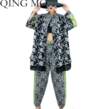 

QING MO Women Large Size Coat 2020 Autumn Retro Printing Fashion Suit Wide Leg Pants Two-piece Suit Casual LHXX170