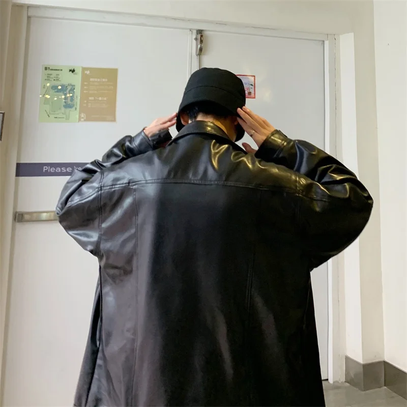 남성용 블랙 인조 가죽 재킷, 힙합 재킷, PU 가죽, 오버사이즈 스트리트웨어, 한국 트렌드 재킷 코트, 가을