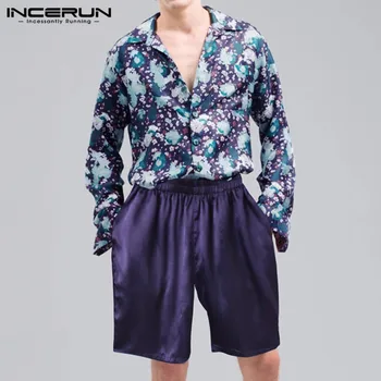 

INCERUN Fashion Printing Sets Men Leisure Summer Suits Long Sleeve Lapel Tops Elastic Shorts Set Causal Comfortable 2 Pieces 5XL