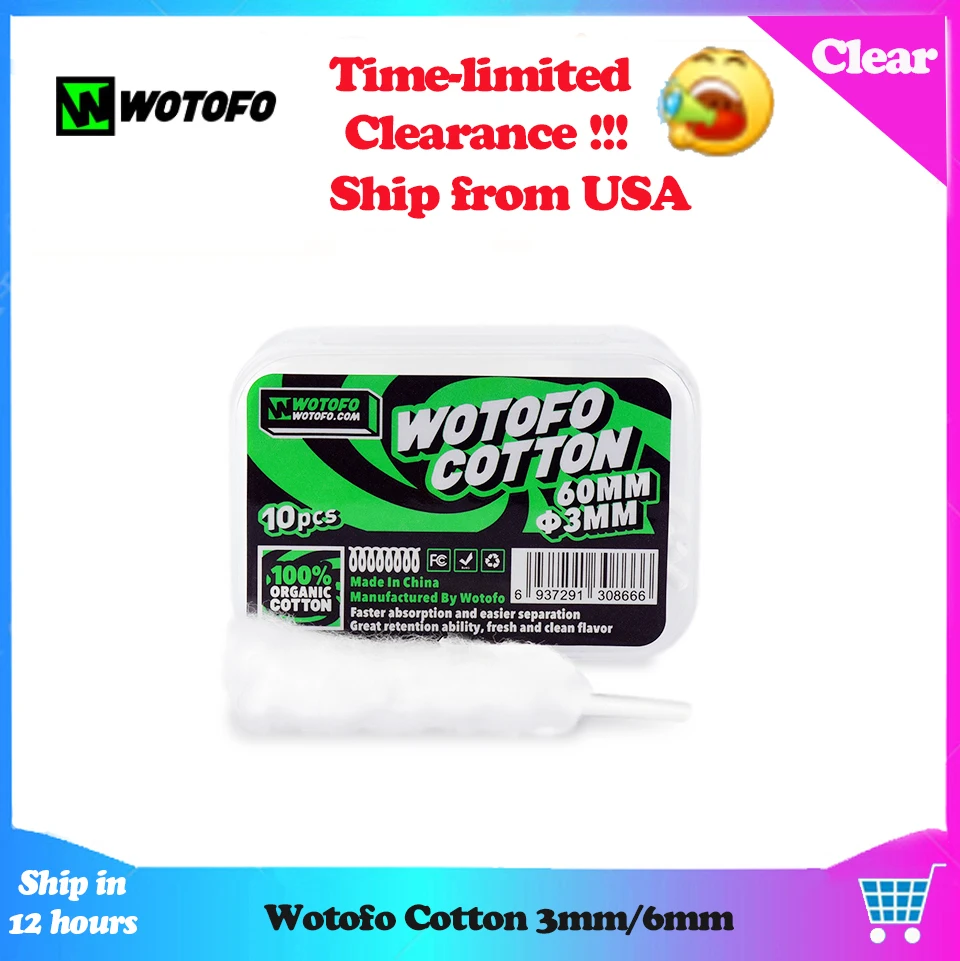 

Clearance !! Wotofo Vape Cotton Original DIY Wick 3mm / 6mm Diameter Organic Cotton For Profile RDA Tank