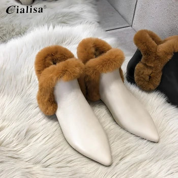 

CIALISA Women's Boots Fashion Winter Warm Pointed Toe Genuine Leather Low Heel Shoes 2020 New Unique Deaign Ladies Snow Boots