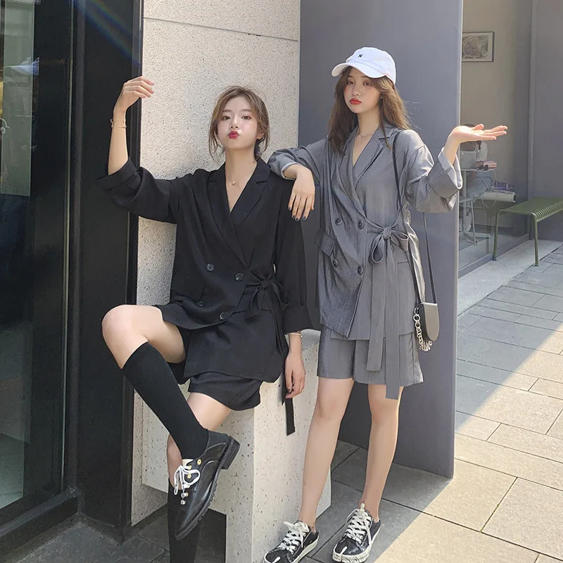 

Photo Shoot Online Celebrity-2019 Autumn New Products South Korea Bow Lace-up Suit + Wide-Leg Shorts Women's Casual 2 Pieces