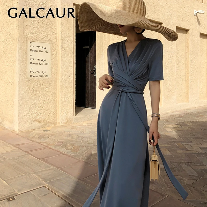 GALCAUR кружевное шелковое женское платье с v-образным вырезом и коротким рукавом, с высокой талией, с рюшами, женские платья, осенняя мода, одежда Tide