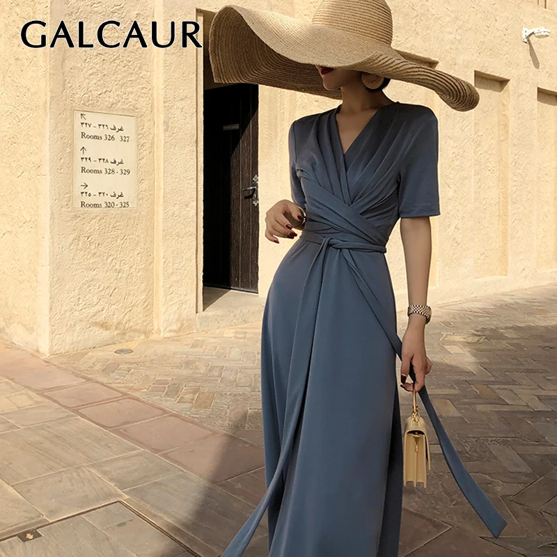 

GALCAUR Lace Up Silk Dress Female V Neck Half Sleeve High Waist Ruched Women's Dresses Autumn Fashion 2019 Clothing Tide
