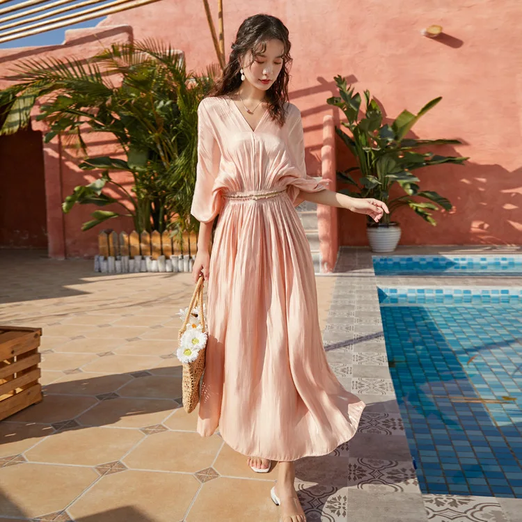

Elegant Dress Women's Summer Satin Waist Hugging Skirt Apathy Young-Style Evening Gown Bat Immortal Waist Hugging Holiday Skirt