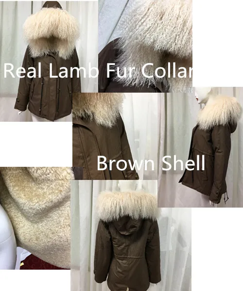 Latest Handsome Hooded Fur Parka Men Apricot Faux Fur Lined Real Lamb Fur Collar Coat Short Brown Jacket