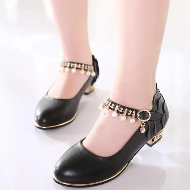 Spring Autumn Princess Kids Leather shoes high heels casual pearl bright diamond girls shoes for wedding / banquet / performance salvatore ferragamo ferragamo bright leather 30