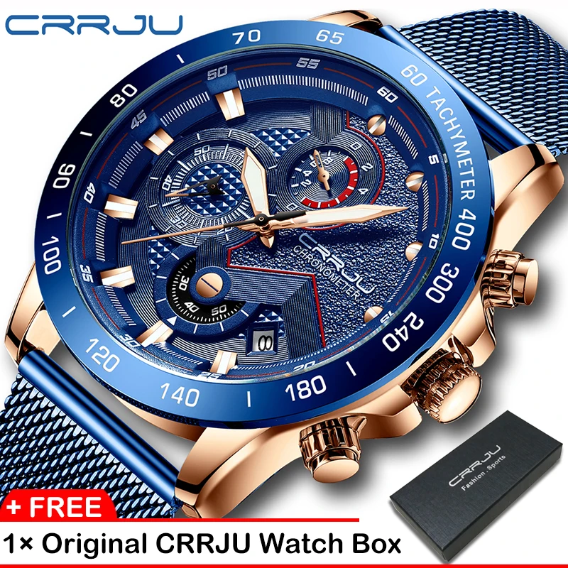 

CRRJU 2280 Mens Fashion Casual watch for Men Date Quartz Wrist Watches Sports Chronograph Mesh Steel Watch relojes hombre
