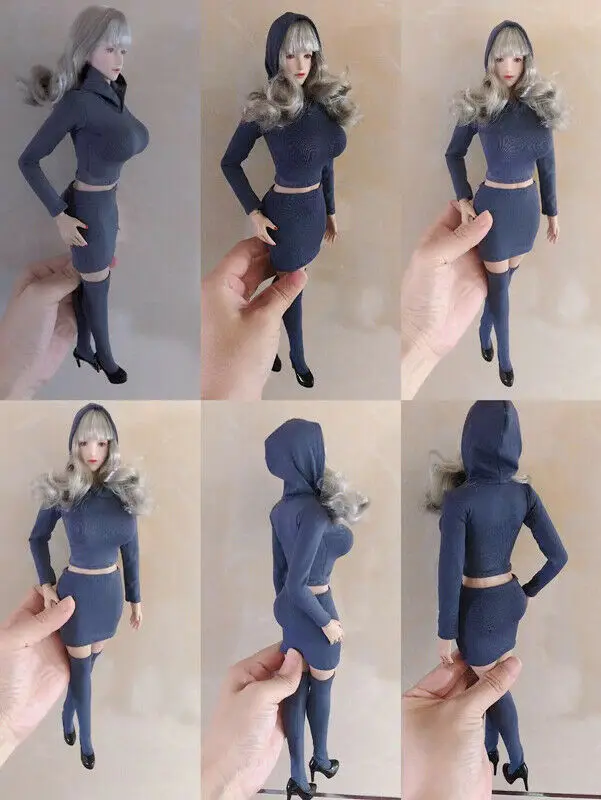 1:6 серая женская футболка с капюшоном и длинным рукавом + юбка на бедрах модель F